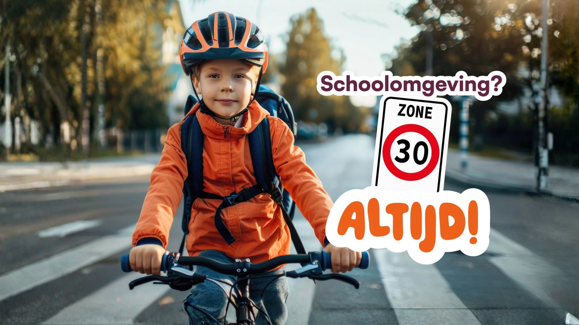 Campagne Zone 30: jongen op de fiets aan een zebrapad